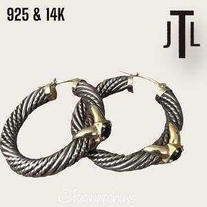 JTL Sterling Silver & 14K Gold Twisted Hoop Earrings – Amethyst Gemstone Accents